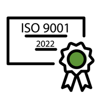 Icon with award badge showing text ISO 9001 2022
