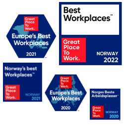 Five Great Place to Work certification badges for Norway 2020, 2021 and 2022 and Europe 2020 and 2021