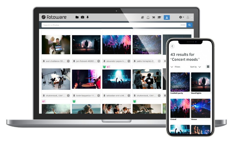 Laptop and mobile showing FotoWare interfaces with Concert moods images